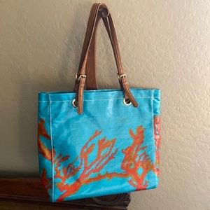 Sakroots, aqua & red/orange, tote bag